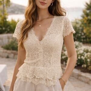 Bebe Sz Medium Coquette White Lace Cap Sleeve Top Soft Girl Feminine Romantic